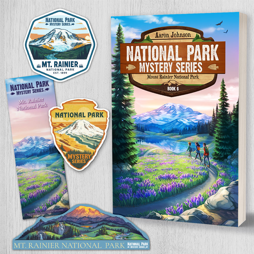 Book titled 'National Park Mystery Series' with stickers and bookmark featuring Mount Rainier National Park on a white background.