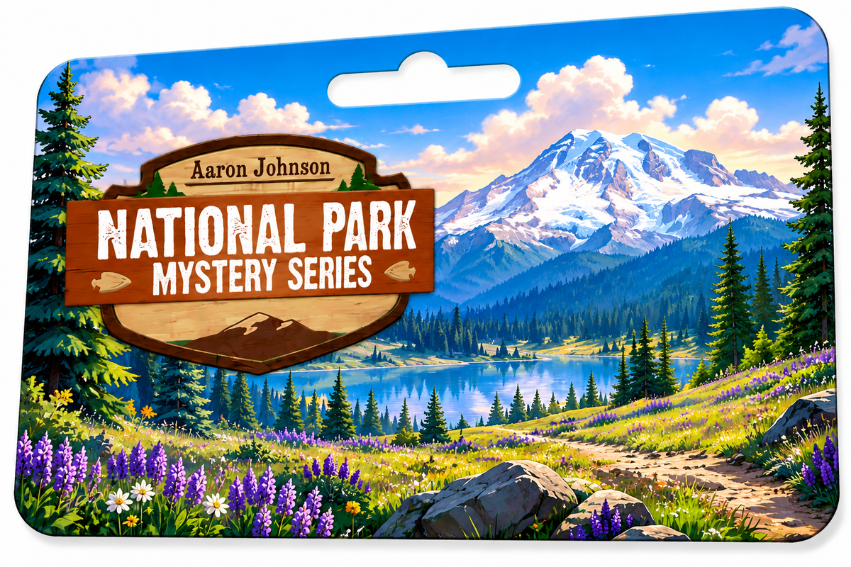 A retail display card for the 'National Park Mystery Series' by Aaron Johnson, featuring a colorful landscape illustration of a mountain, lake, and forest with a prominent brown wooden sign overlay.