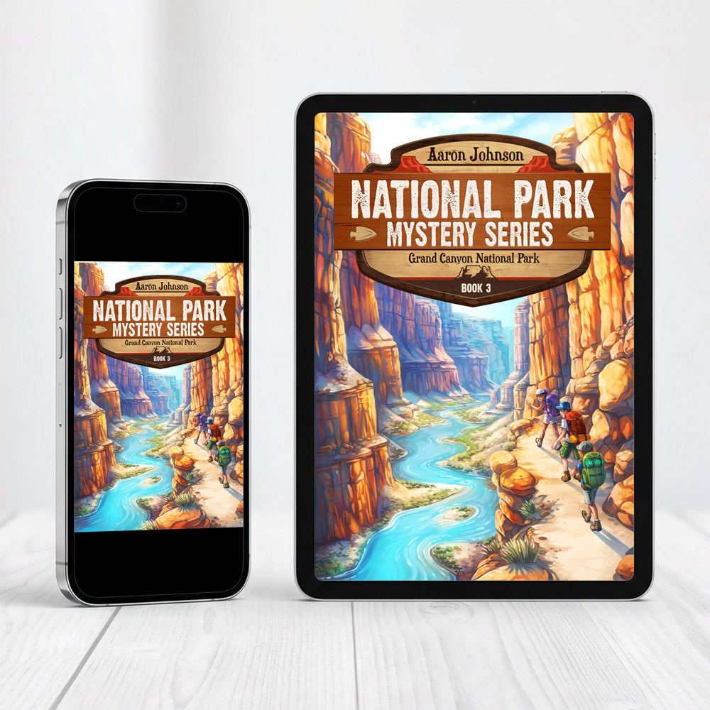 Tablet and smartphone displaying the 'National Park Mystery Series' book cover for Grand Canyon National Park